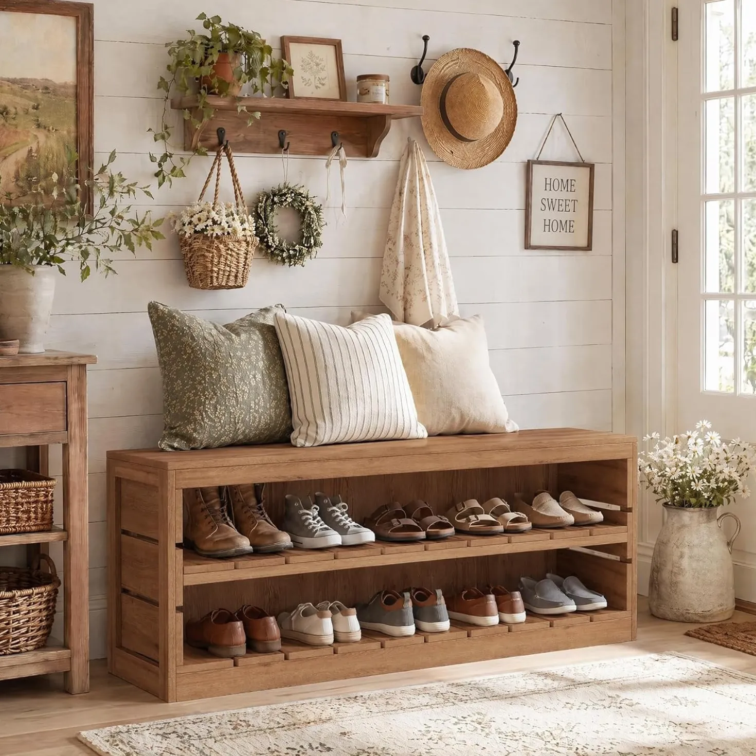 63“ Entryway Bench, 3-Tier Solid Wood Shoe Bench with Open Storage for Living Room
