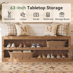 63“ Entryway Bench, 3-Tier Solid Wood Shoe Bench with Open Storage for Living Room