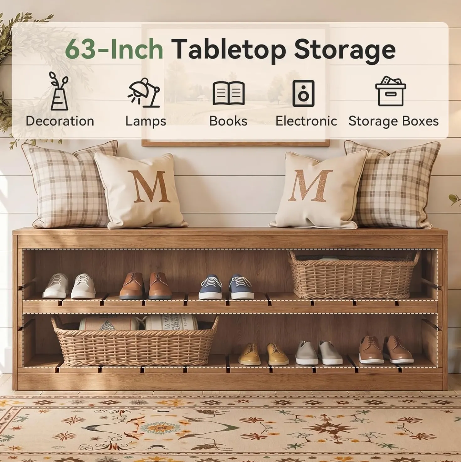 63“ Entryway Bench, 3-Tier Solid Wood Shoe Bench with Open Storage for Living Room