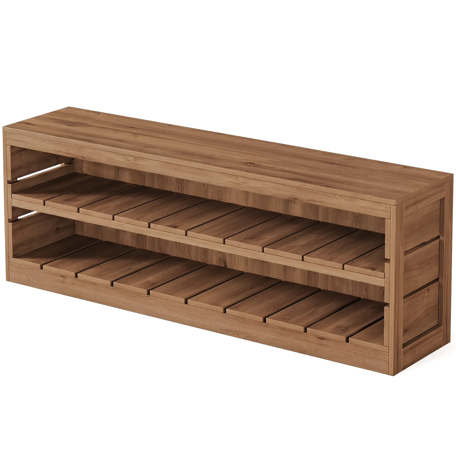 63“ Entryway Bench, 3-Tier Solid Wood Shoe Bench with Open Storage for Living Room