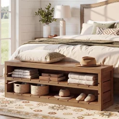 63“ Entryway Bench, 3-Tier Solid Wood Shoe Bench with Open Storage for Living Room