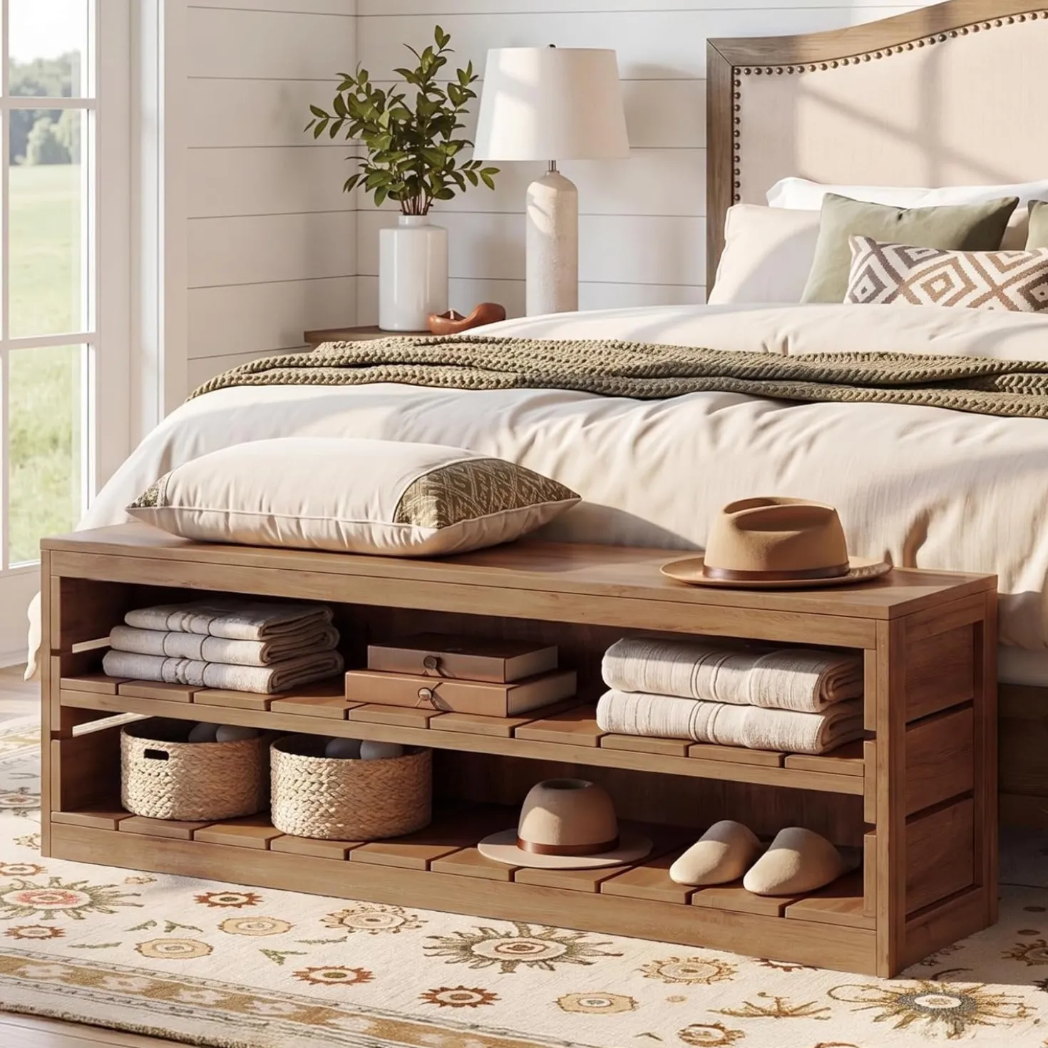 63“ Entryway Bench, 3-Tier Solid Wood Shoe Bench with Open Storage for Living Room