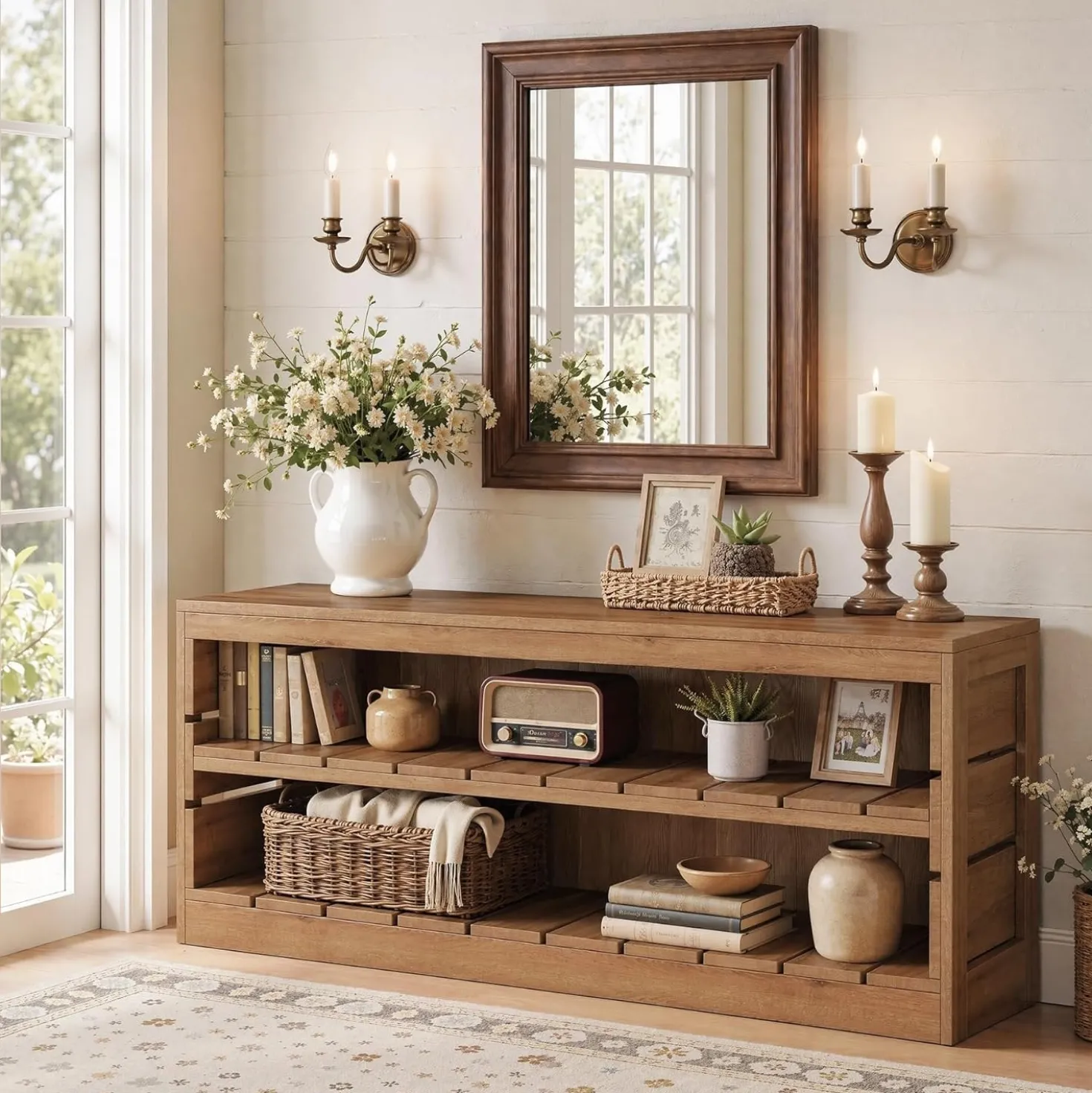 63“ Entryway Bench, 3-Tier Solid Wood Shoe Bench with Open Storage for Living Room
