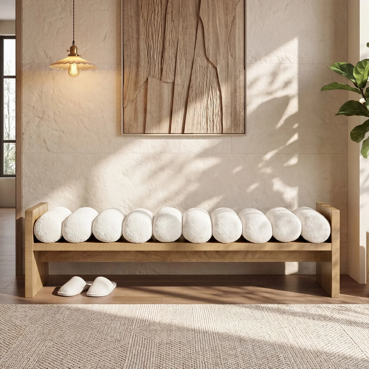 59'' Entryway Bench with Boucle Cushion, Upholstered Fabric End of Bed Bench for Hallway