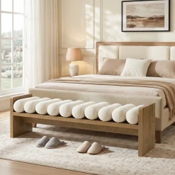 59'' Entryway Bench with Boucle Cushion, Upholstered Fabric End of Bed Bench for Hallway