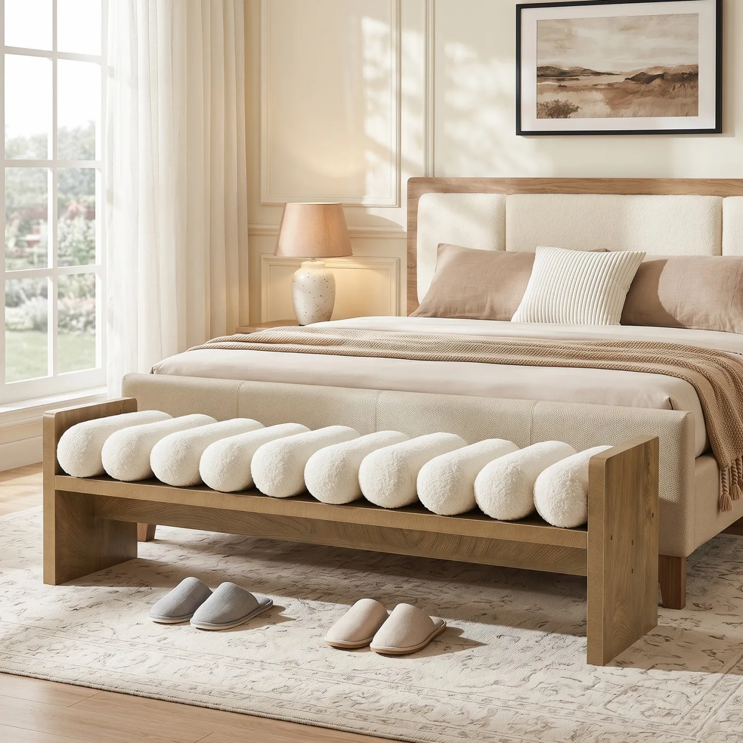 59'' Entryway Bench with Boucle Cushion, Upholstered Fabric End of Bed Bench for Hallway