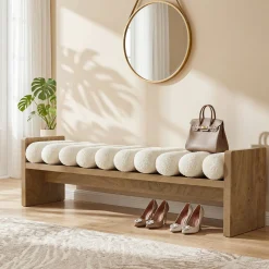 59'' Entryway Bench with Boucle Cushion, Upholstered Fabric End of Bed Bench for Hallway