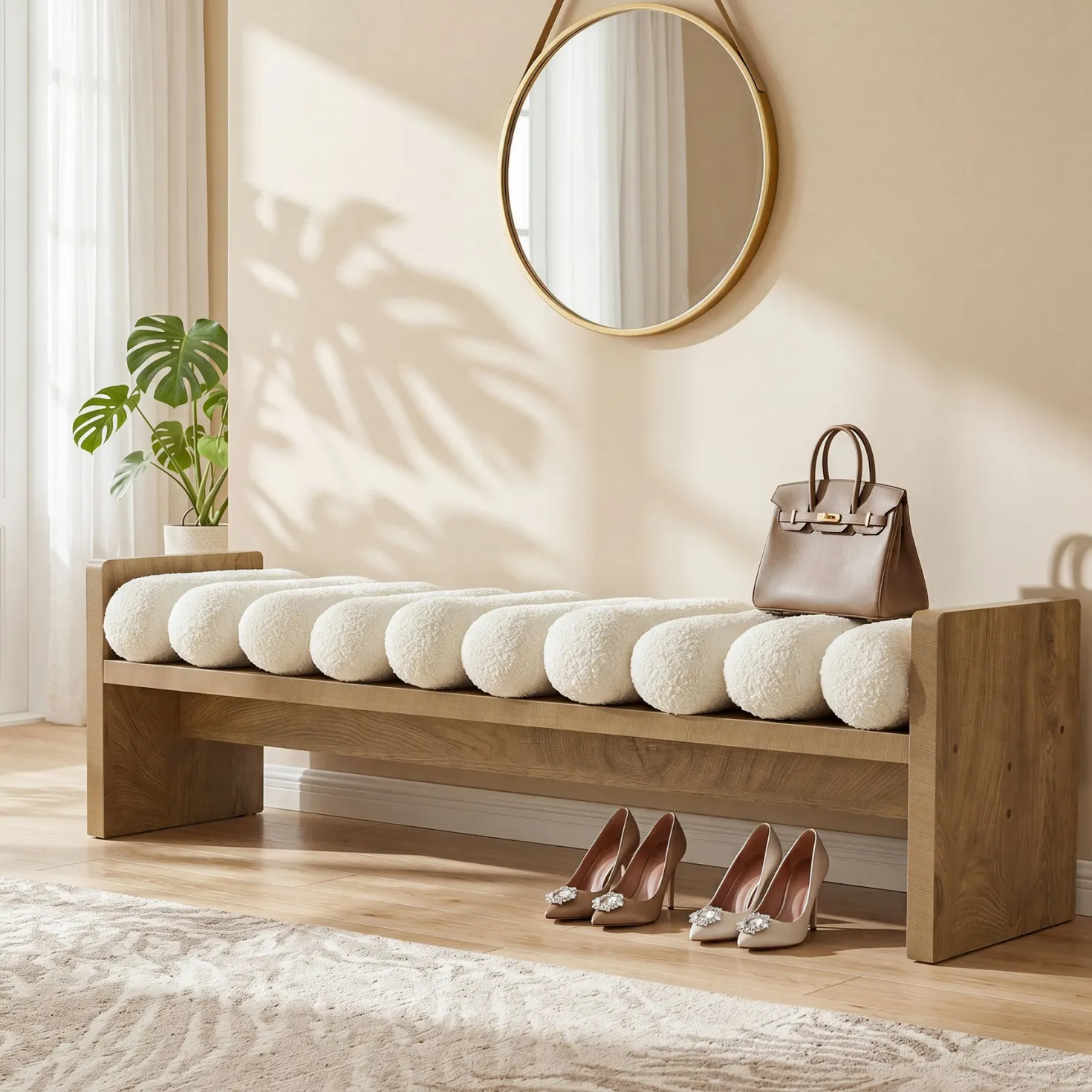 59'' Entryway Bench with Boucle Cushion, Upholstered Fabric End of Bed Bench for Hallway