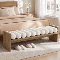 59'' Entryway Bench with Boucle Cushion, Upholstered Fabric End of Bed Bench for Hallway
