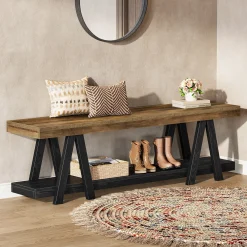59.05" Entryway Bench with Shoe Storage, 2-Tier End of Bed Bench with Shelves