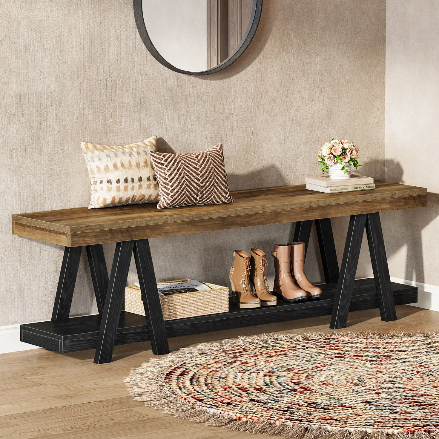 59.05" Entryway Bench with Shoe Storage, 2-Tier End of Bed Bench with Shelves
