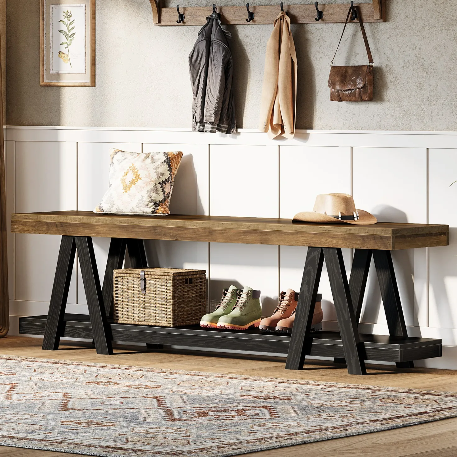 59.05" Entryway Bench with Shoe Storage, 2-Tier End of Bed Bench with Shelves
