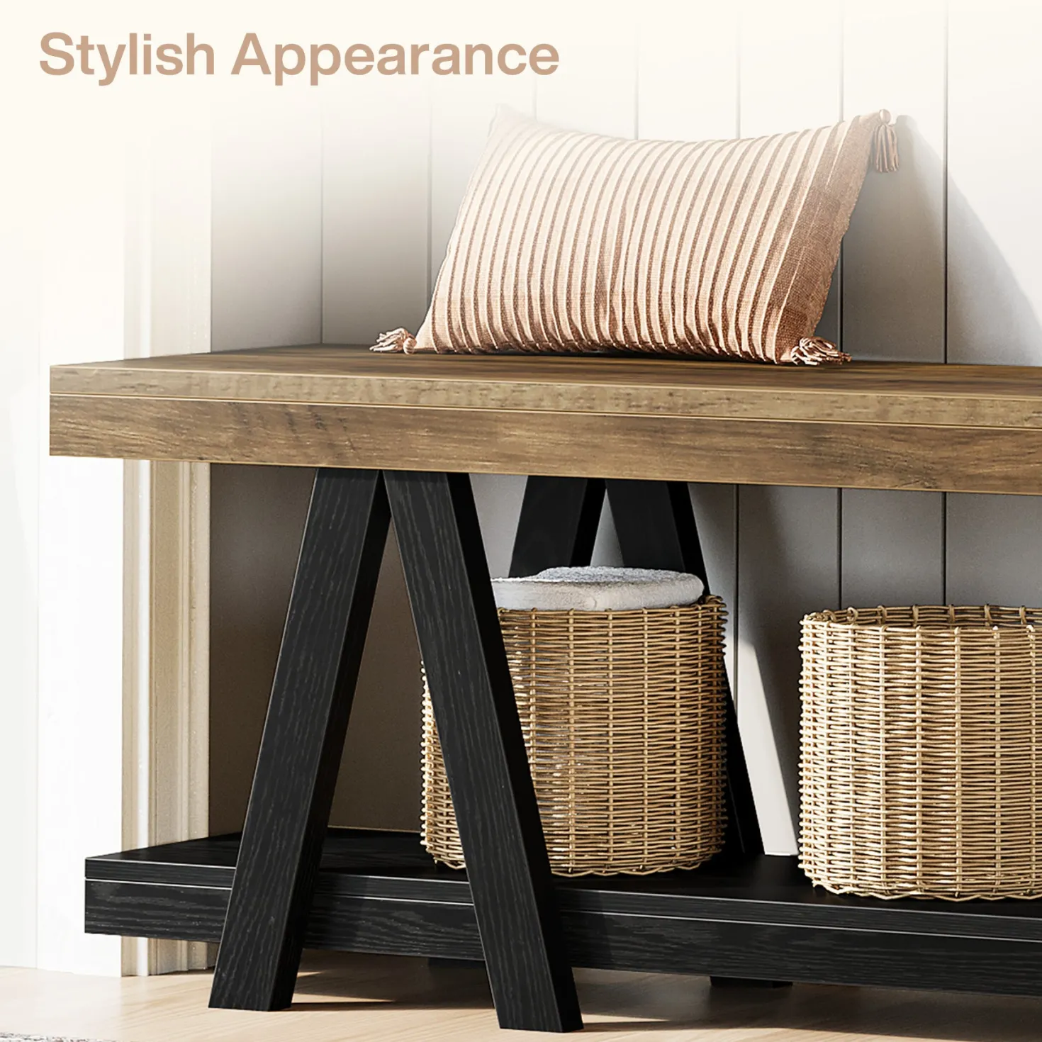 59.05" Entryway Bench with Shoe Storage, 2-Tier End of Bed Bench with Shelves