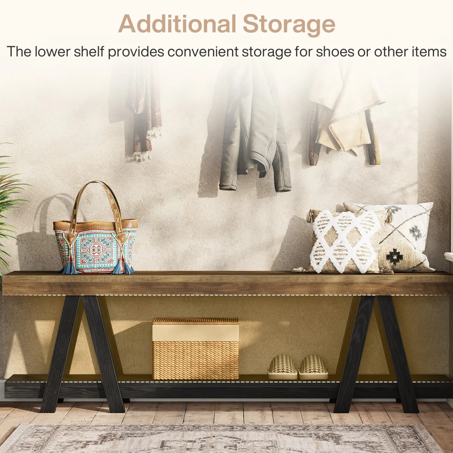 59.05" Entryway Bench with Shoe Storage, 2-Tier End of Bed Bench with Shelves