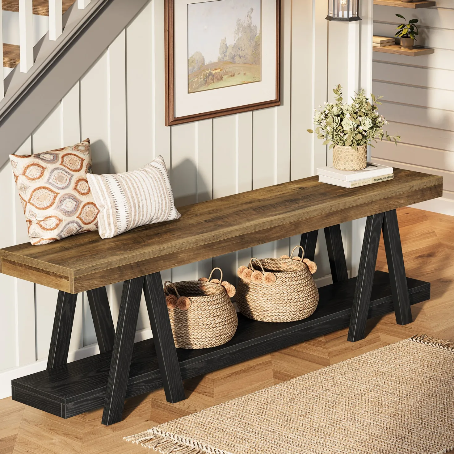 59.05" Entryway Bench with Shoe Storage, 2-Tier End of Bed Bench with Shelves