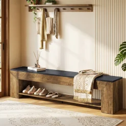 71" Entryway Bench with Shoe Storage, Farmhouse Shoe Bench with 2 Shelves