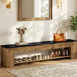 71" Entryway Bench with Shoe Storage, Farmhouse Shoe Bench with 2 Shelves
