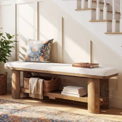 62.9" Entryway Bench with Storage, Upholstered Shoe Bench with Faux Lamb Wool Cushion