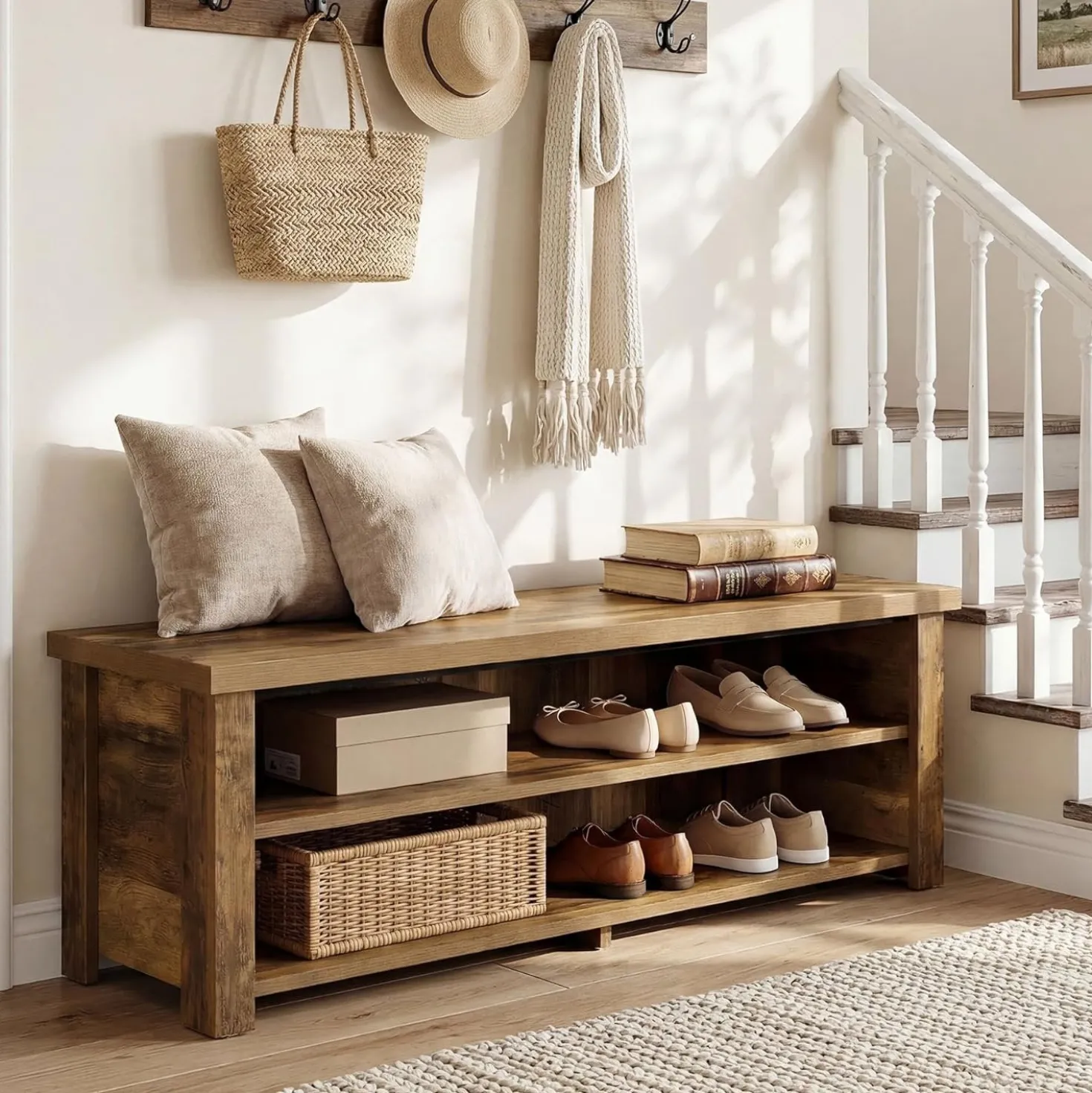 55.1" Entryway Bench with Storage, 2-Tier Farmhouse Shoe Storage Rack for Entryway