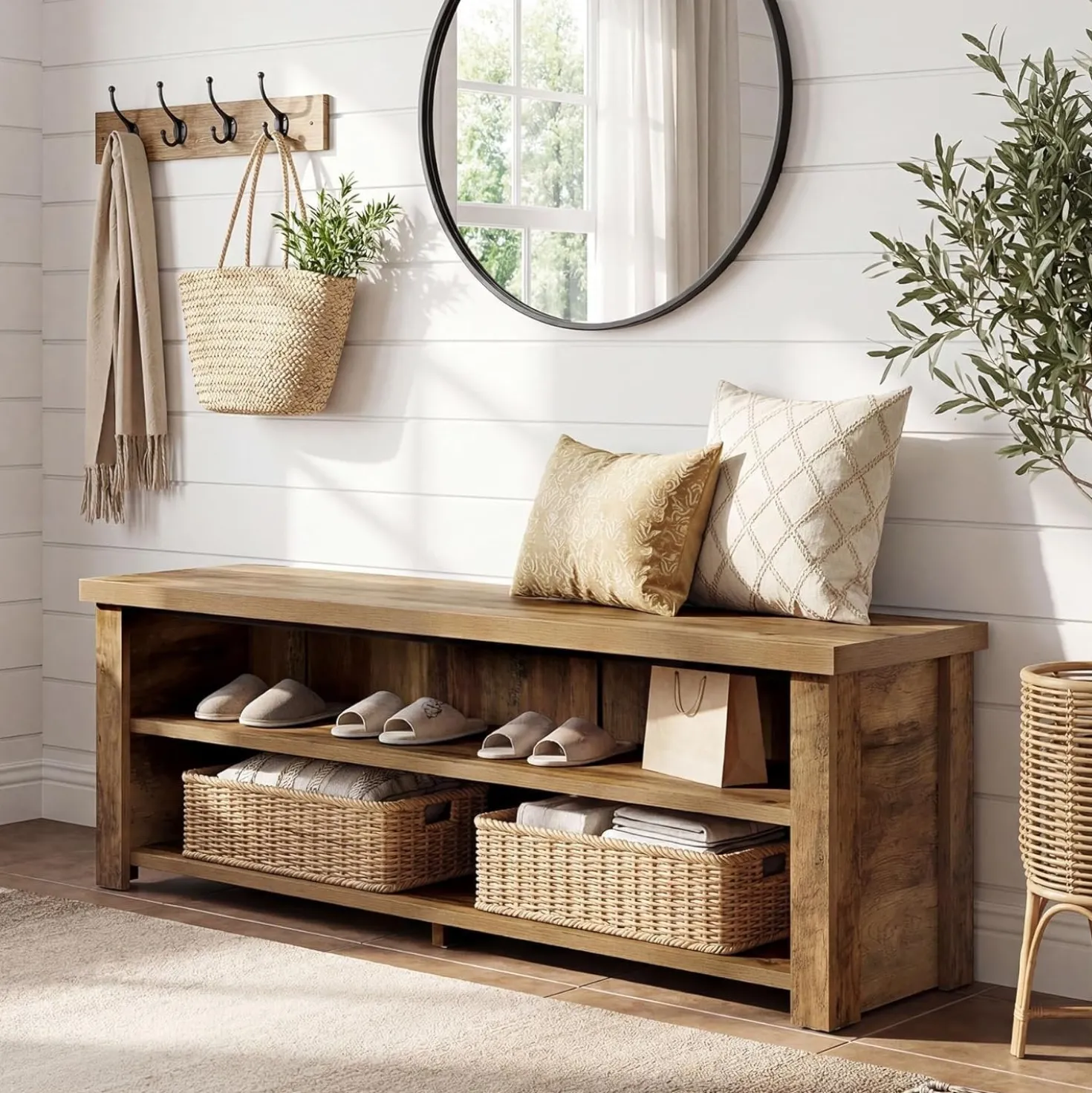 55.1" Entryway Bench with Storage, 2-Tier Farmhouse Shoe Storage Rack for Entryway