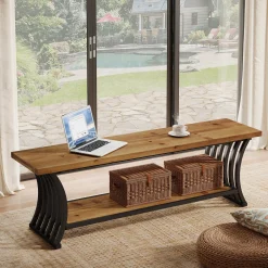 55" Entryway Bench, Wood End of Bed Shoe Bench with Shelf
