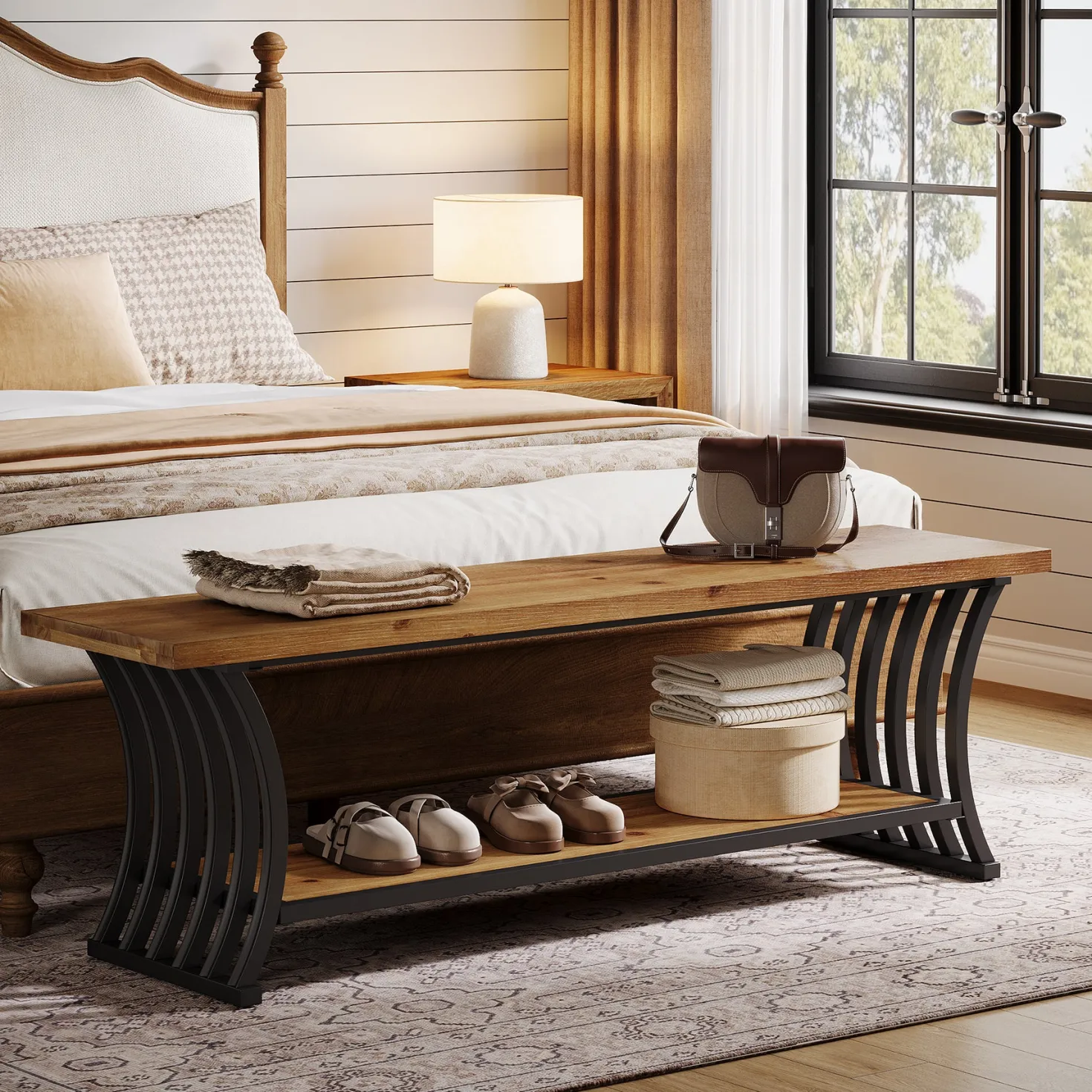 55" Entryway Bench, Wood End of Bed Shoe Bench with Shelf