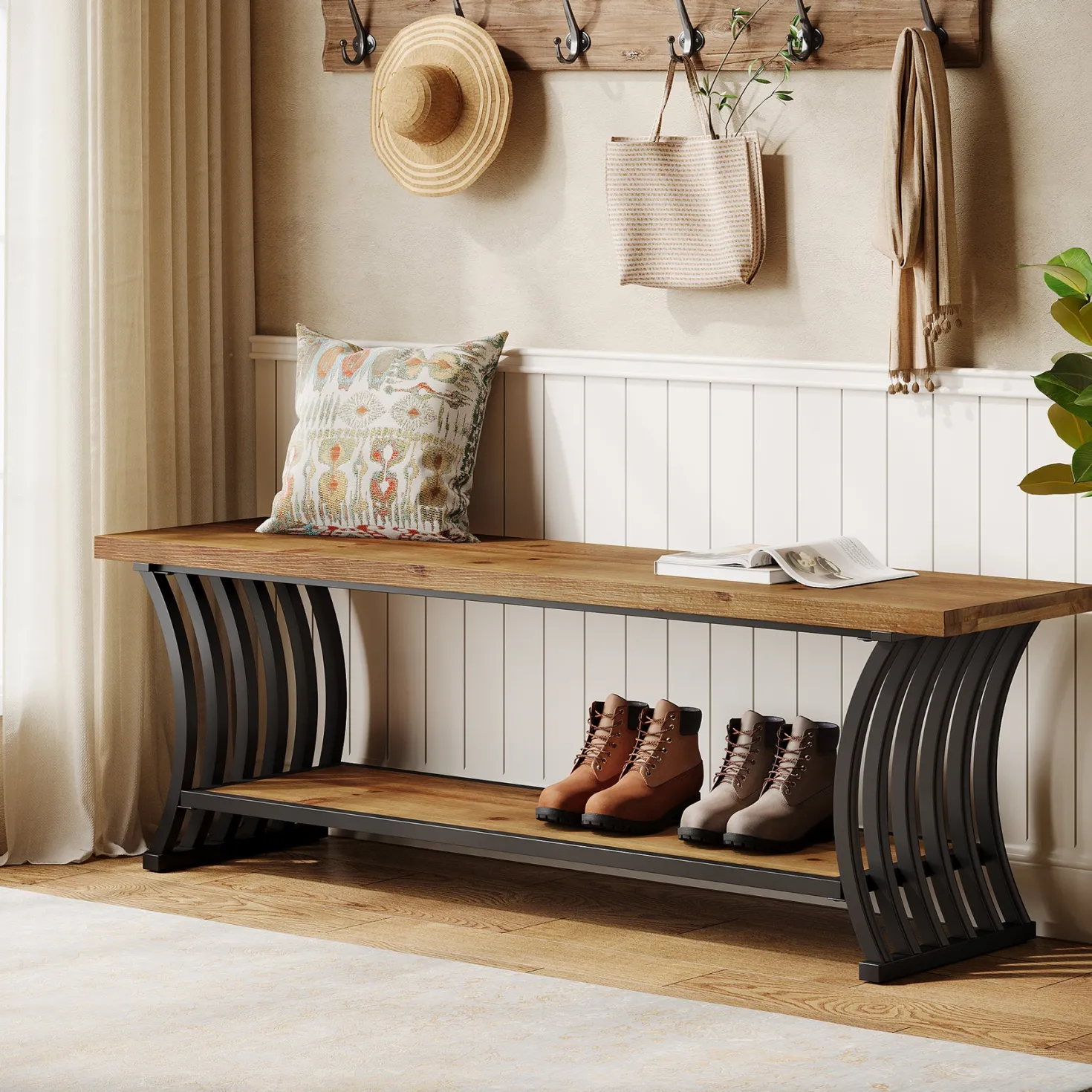 55" Entryway Bench, Wood End of Bed Shoe Bench with Shelf