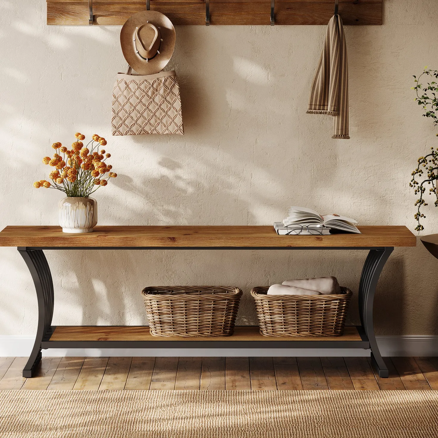 55" Entryway Bench, Wood End of Bed Shoe Bench with Shelf