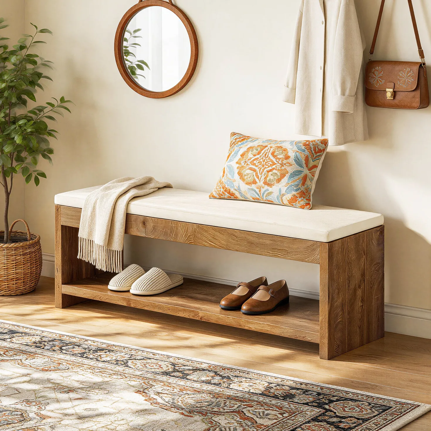 55" Entryway Bench, Wooden Shoe Bench with Cushion and Shoe Rack