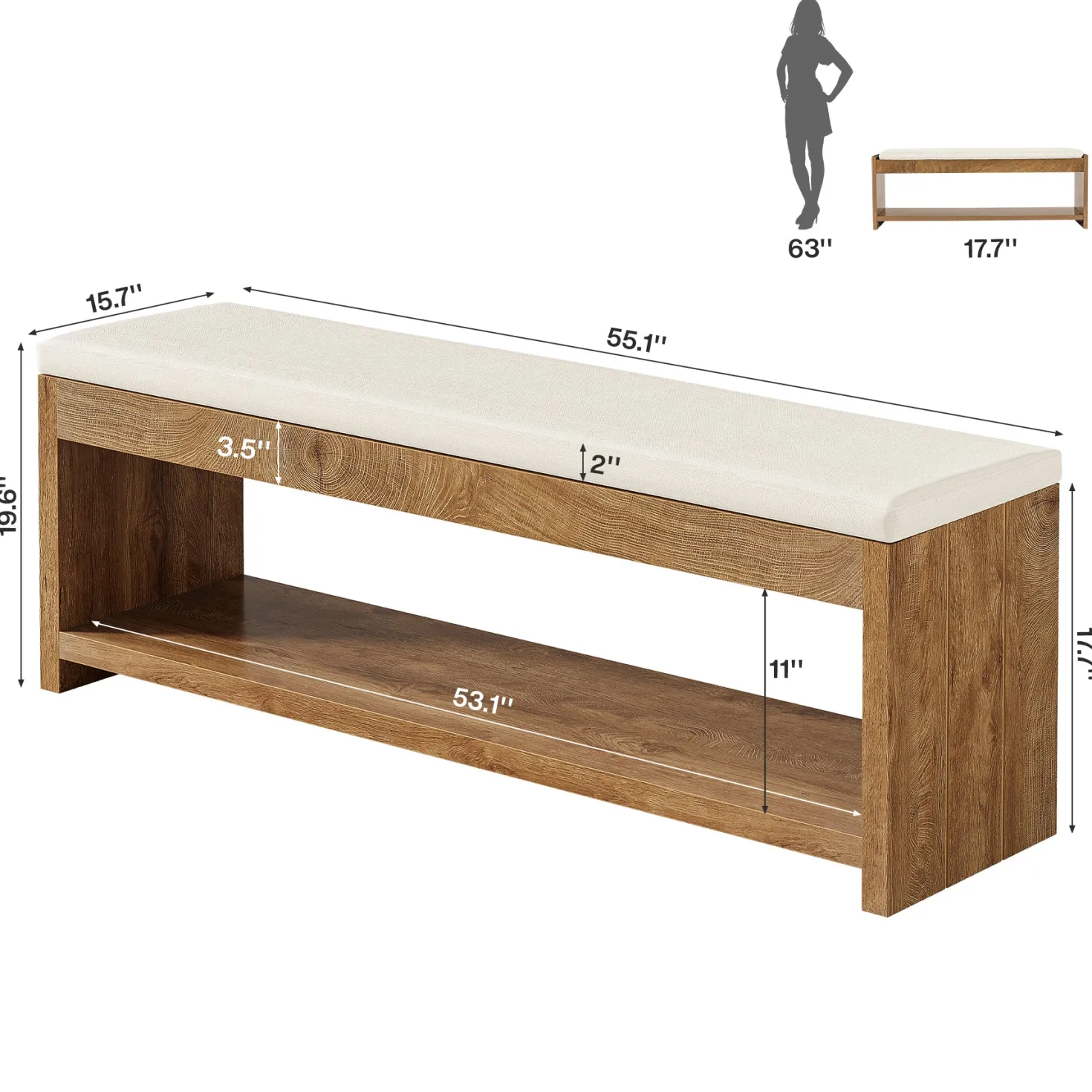 55" Entryway Bench, Wooden Shoe Bench with Cushion and Shoe Rack