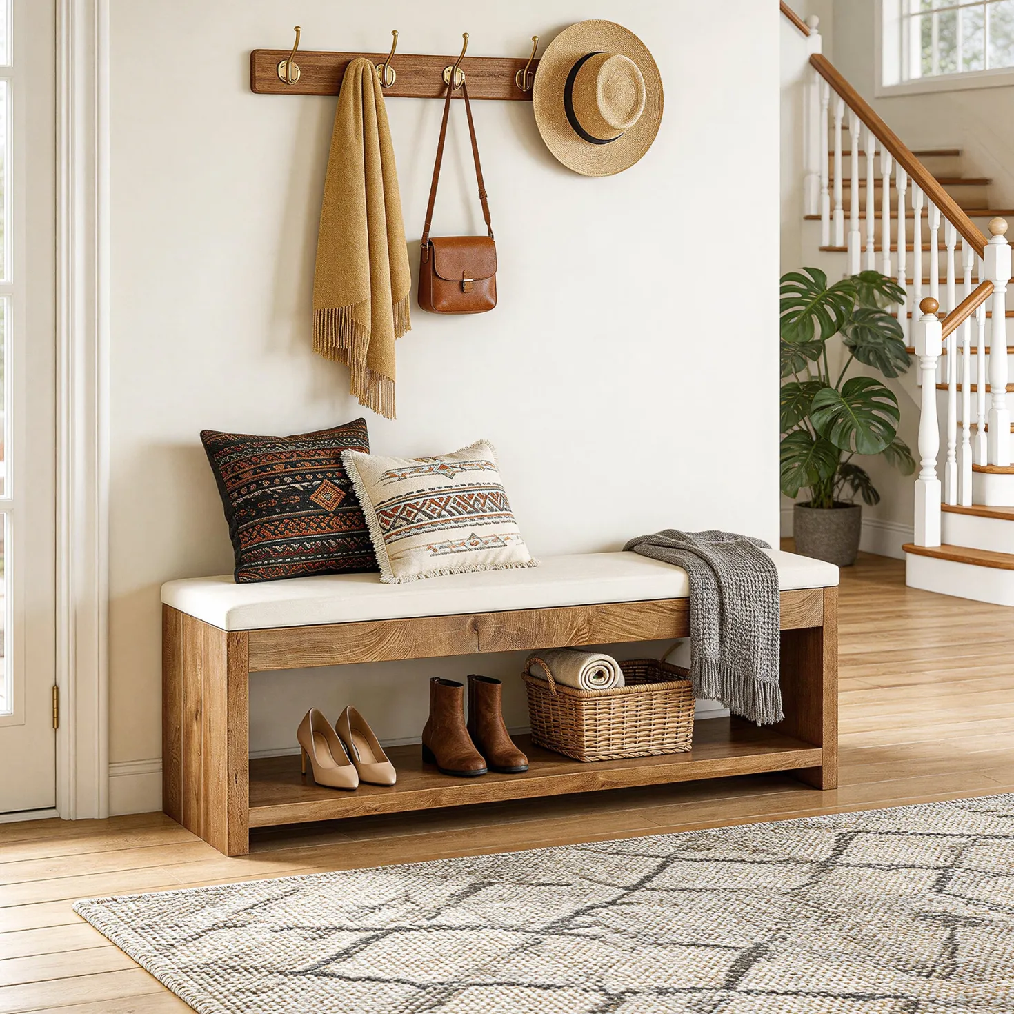55" Entryway Bench, Wooden Shoe Bench with Cushion and Shoe Rack