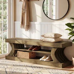 63" Entryway Bench, Wooden 3-Tier End of Bed Bench with Open Storage
