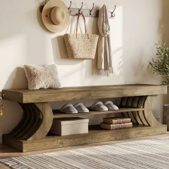 63" Entryway Bench, Wooden 3-Tier End of Bed Bench with Open Storage