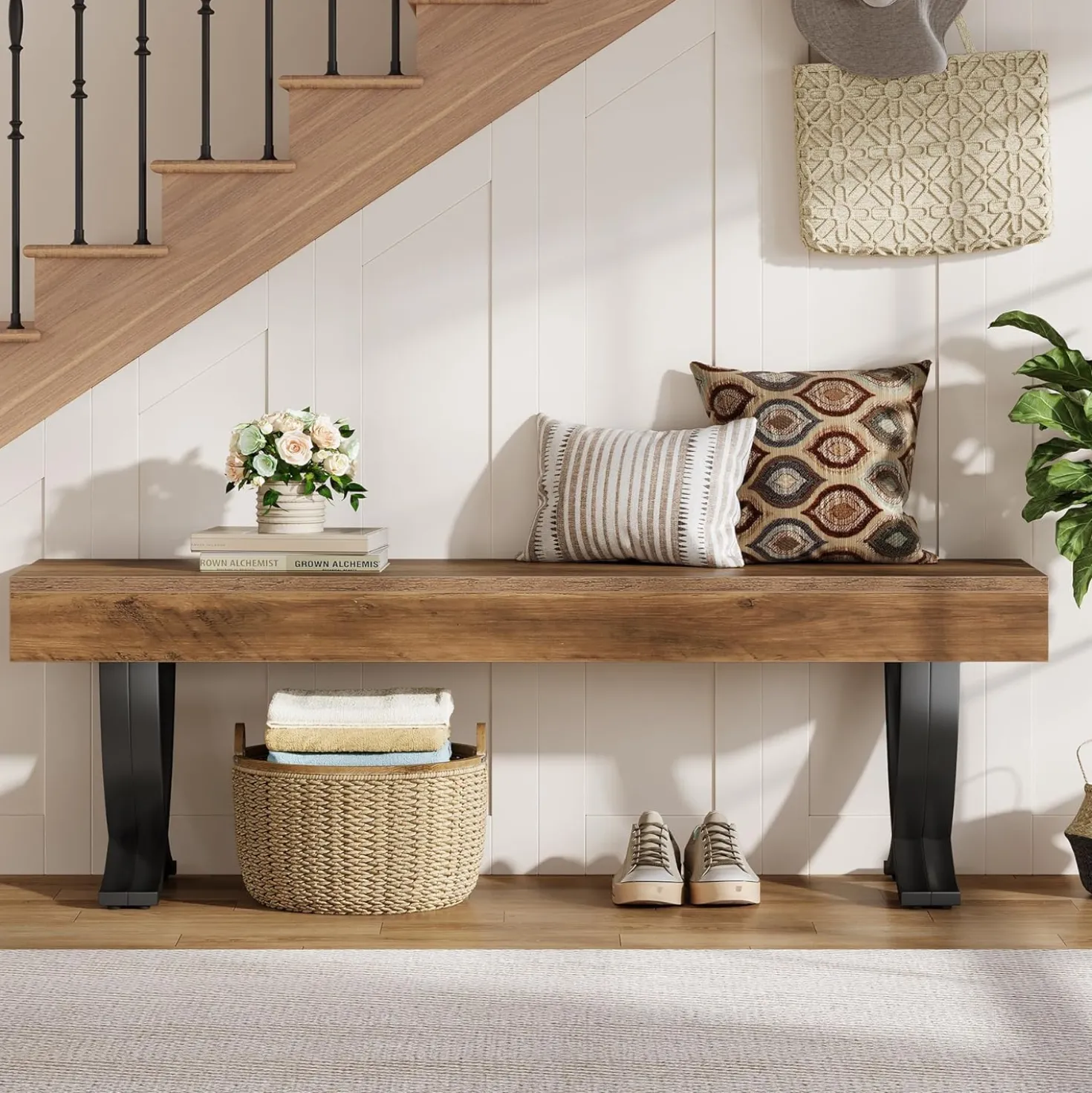 55" Entryway Shoe Bench, Industrial End of Bed Stool with Metal X-Shaped Legs