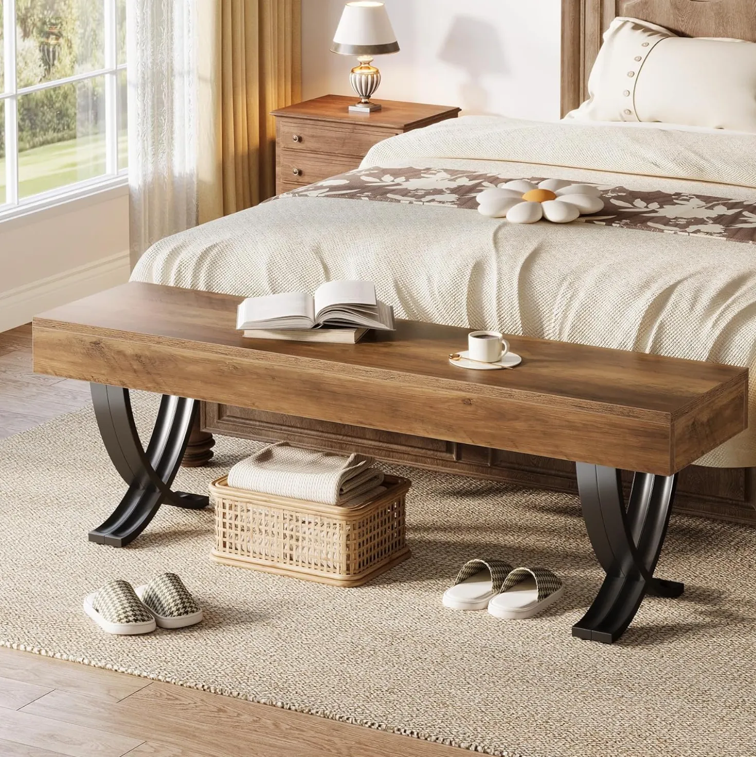 55" Entryway Shoe Bench, Industrial End of Bed Stool with Metal X-Shaped Legs