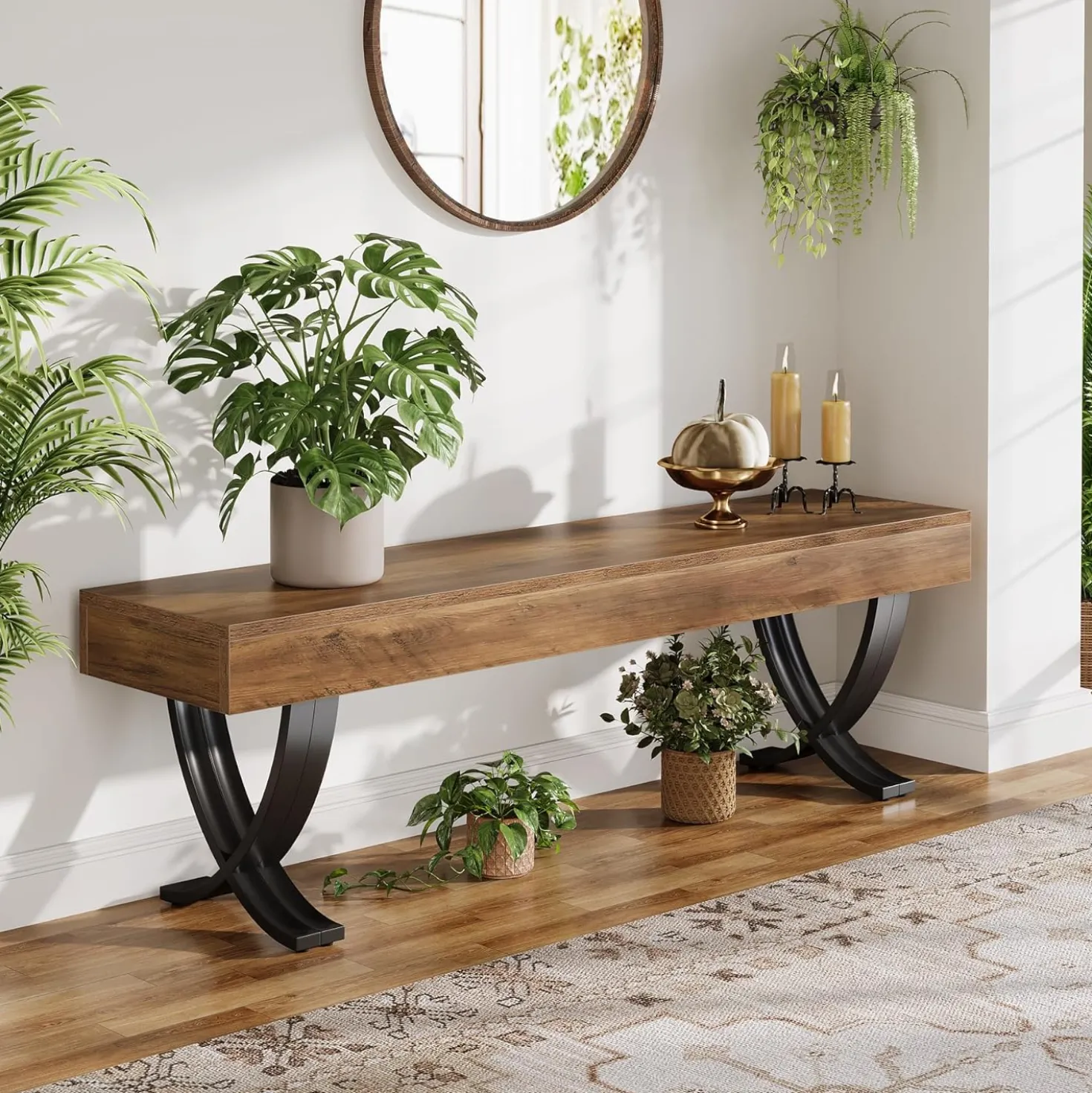 55" Entryway Shoe Bench, Industrial End of Bed Stool with Metal X-Shaped Legs