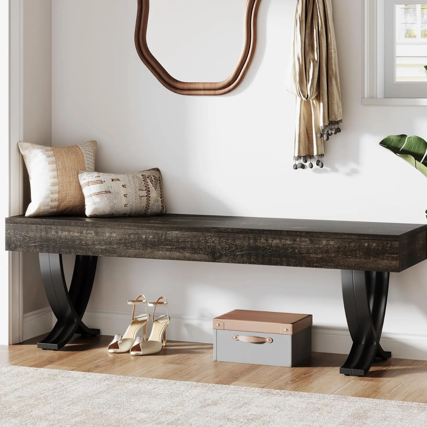 55" Entryway Shoe Bench, Industrial End of Bed Stool with Metal X-Shaped Legs