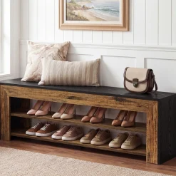 63" Entryway Shoe Bench, 3-Tier End of Bed Bench with Storage Shelves for Hallway