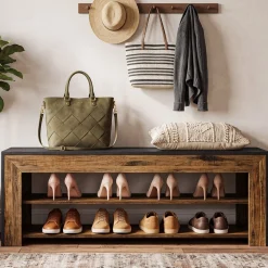 63" Entryway Shoe Bench, 3-Tier End of Bed Bench with Storage Shelves for Hallway