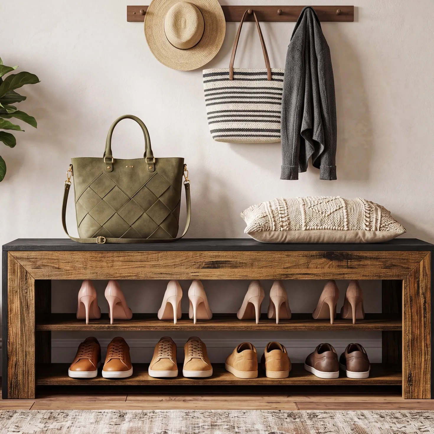 63" Entryway Shoe Bench, 3-Tier End of Bed Bench with Storage Shelves for Hallway