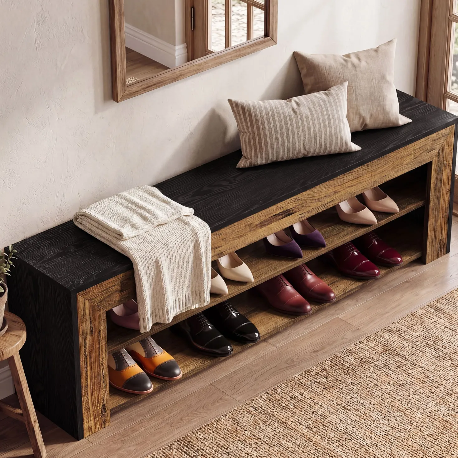 63" Entryway Shoe Bench, 3-Tier End of Bed Bench with Storage Shelves for Hallway