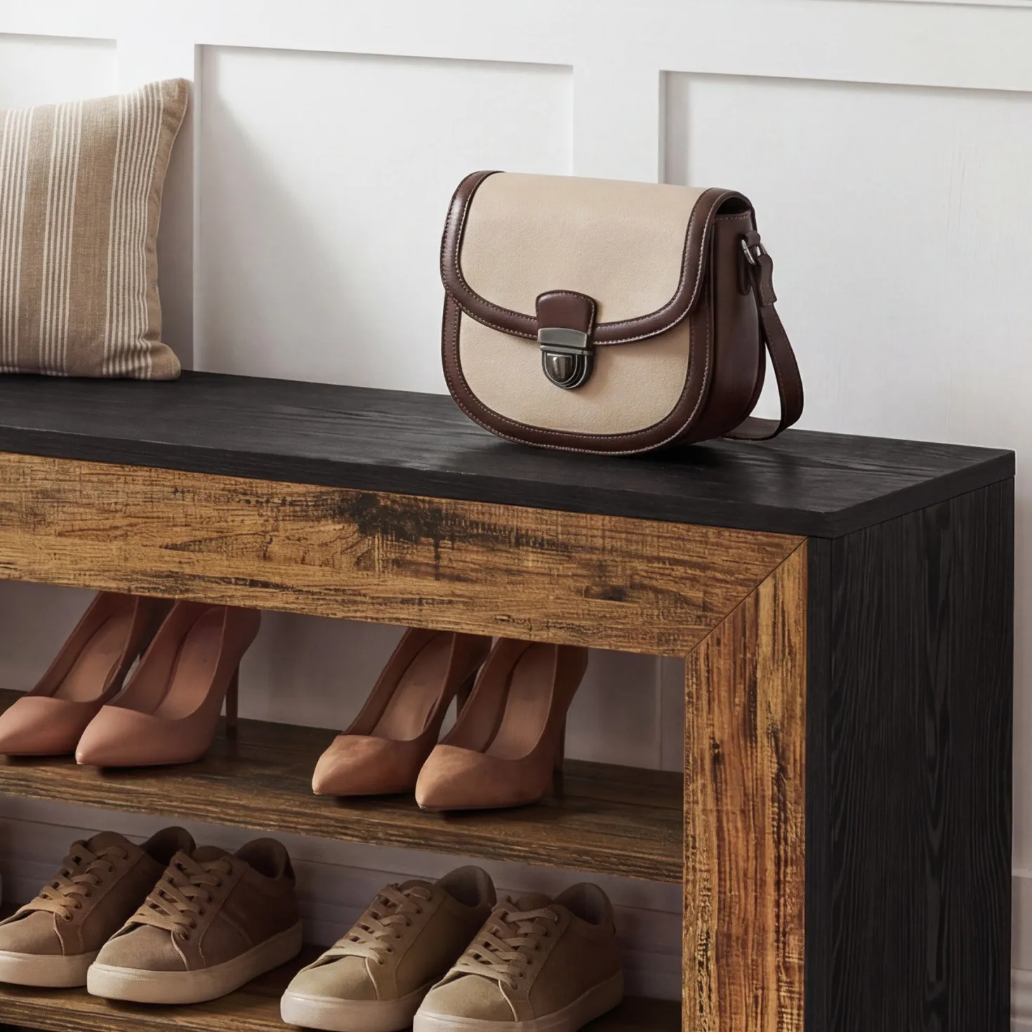 63" Entryway Shoe Bench, 3-Tier End of Bed Bench with Storage Shelves for Hallway