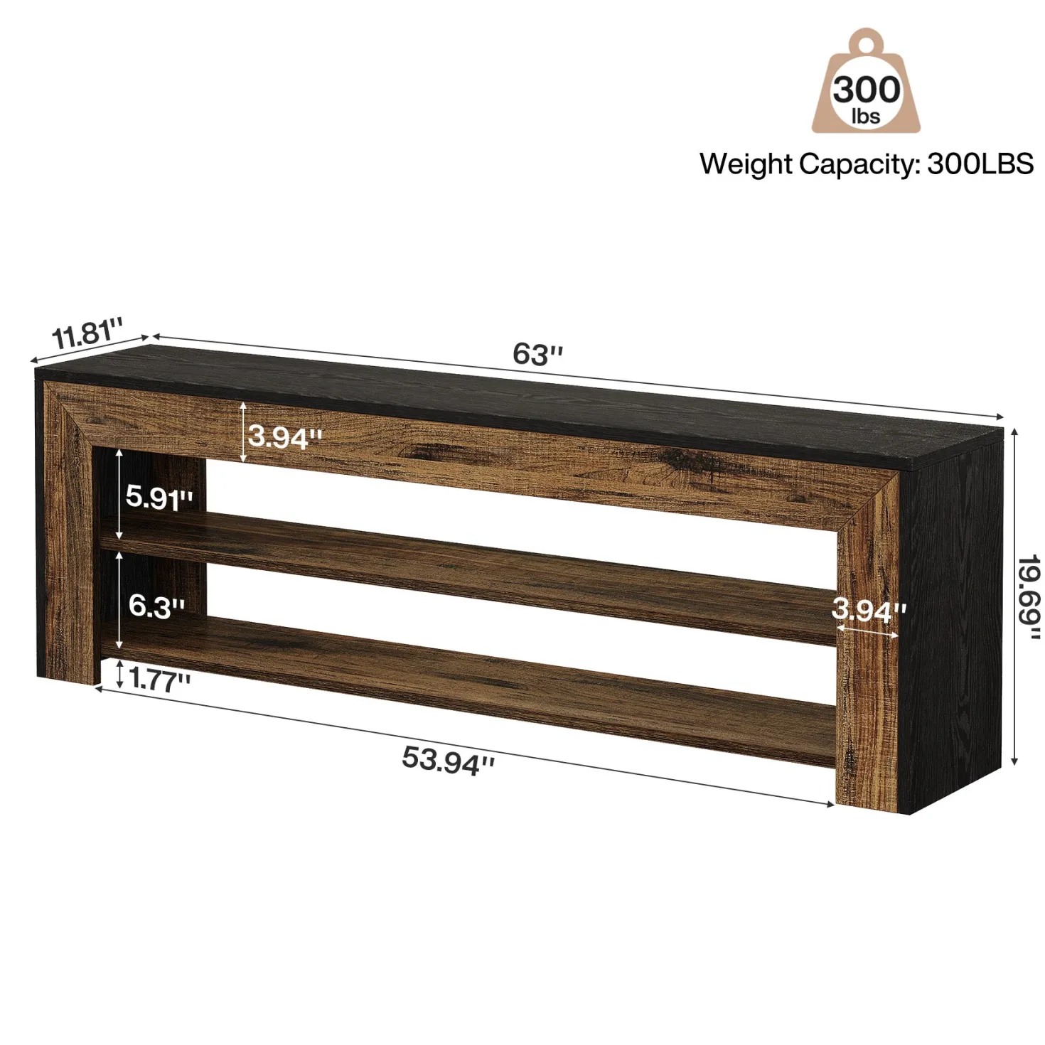 63" Entryway Shoe Bench, 3-Tier End of Bed Bench with Storage Shelves for Hallway
