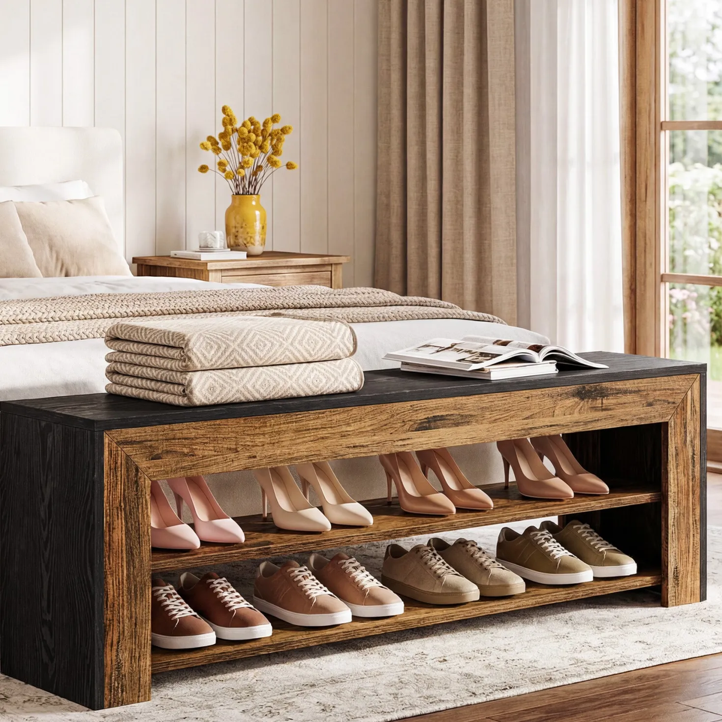 63" Entryway Shoe Bench, 3-Tier End of Bed Bench with Storage Shelves for Hallway