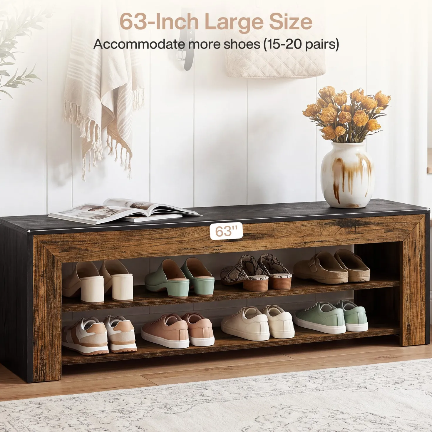 63" Entryway Shoe Bench, 3-Tier End of Bed Bench with Storage Shelves for Hallway