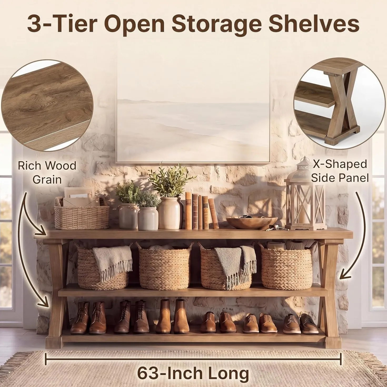 63" Entryway Storage Bench, Farmhouse Shoe Bench Seat with Storage Shelves