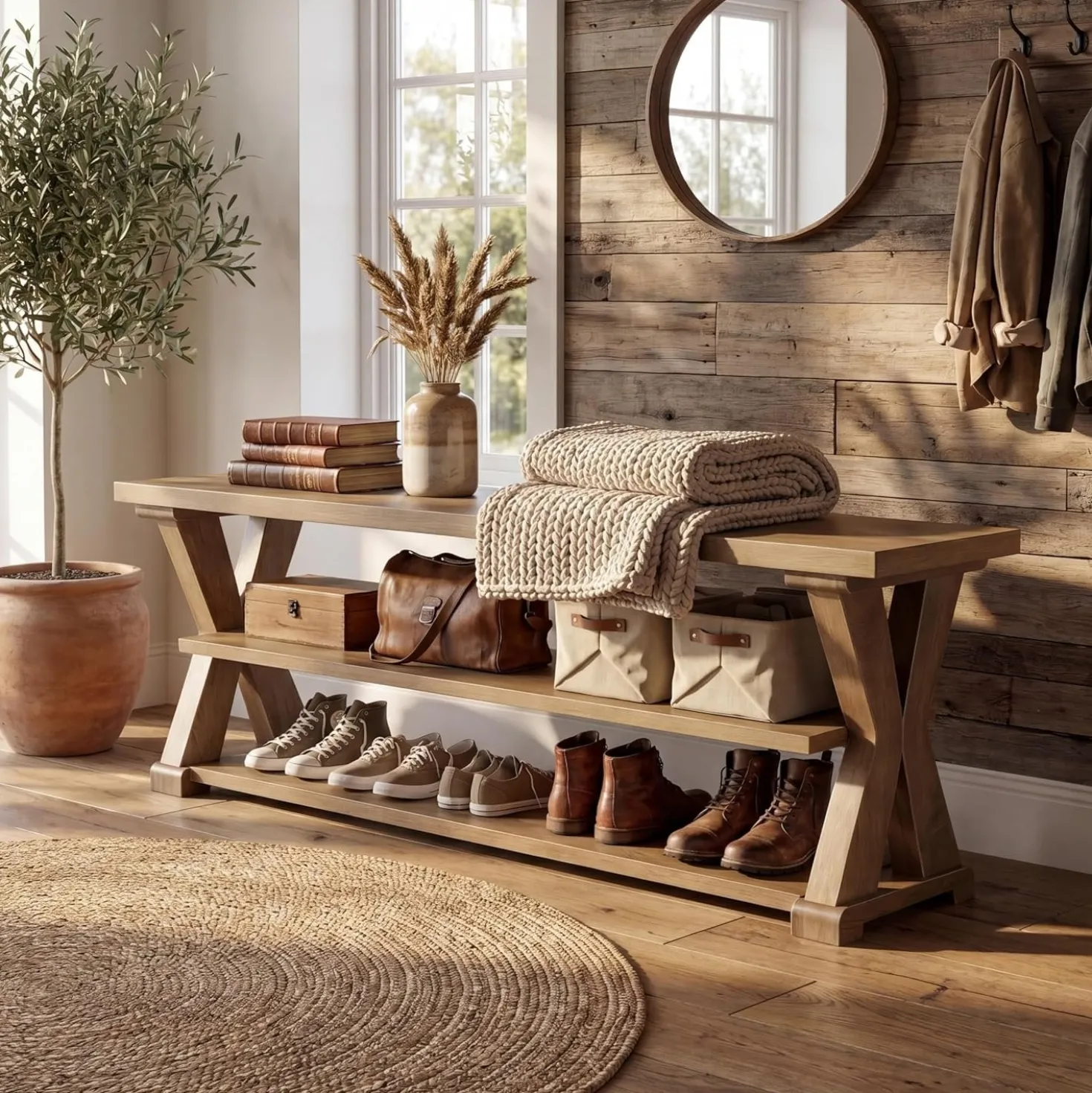 63" Entryway Storage Bench, Farmhouse Shoe Bench Seat with Storage Shelves