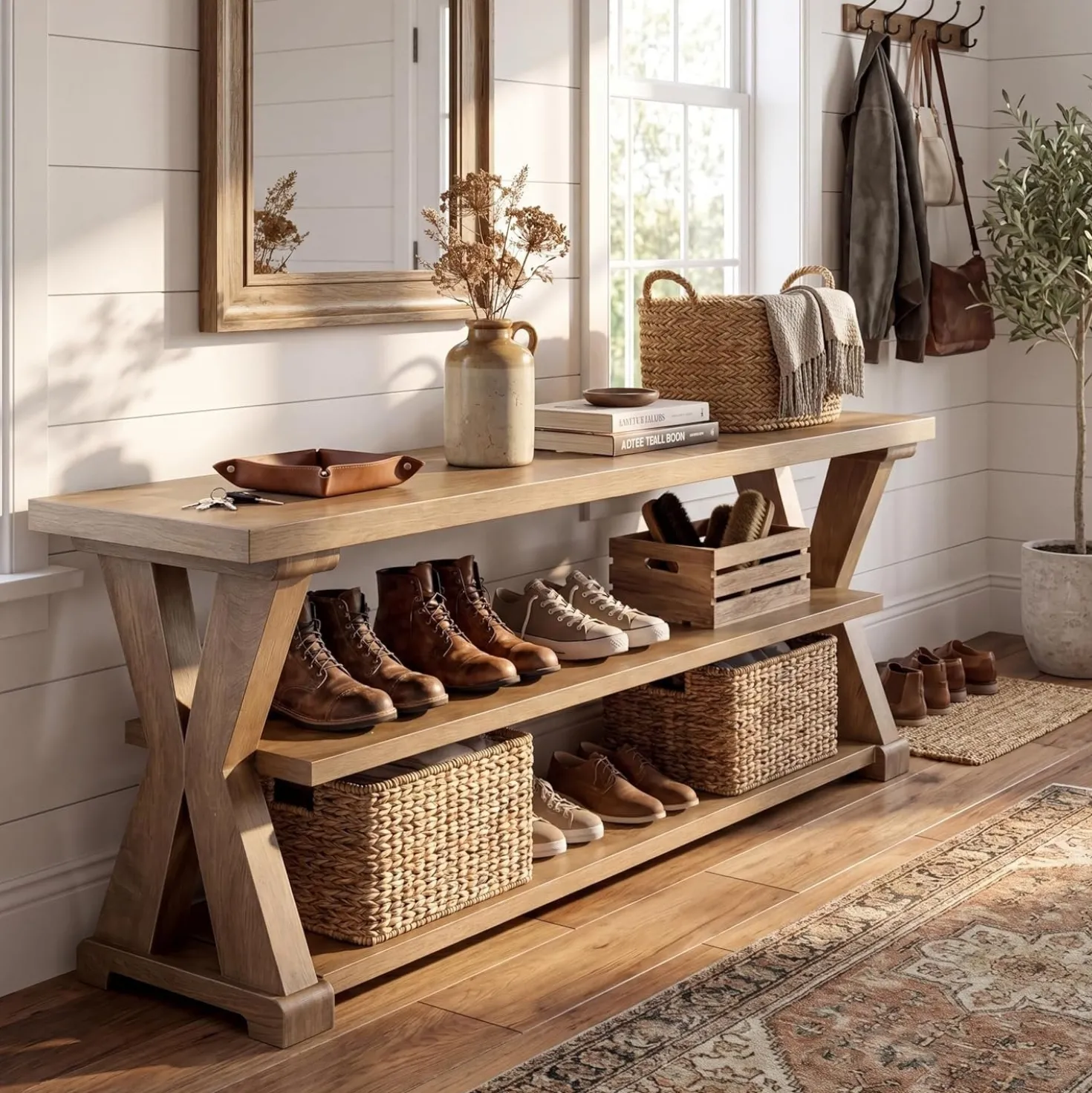 63" Entryway Storage Bench, Farmhouse Shoe Bench Seat with Storage Shelves