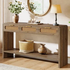 55" Entryway Table, Narrow 2-Tier Sofa Table with 3 Rattan Drawers