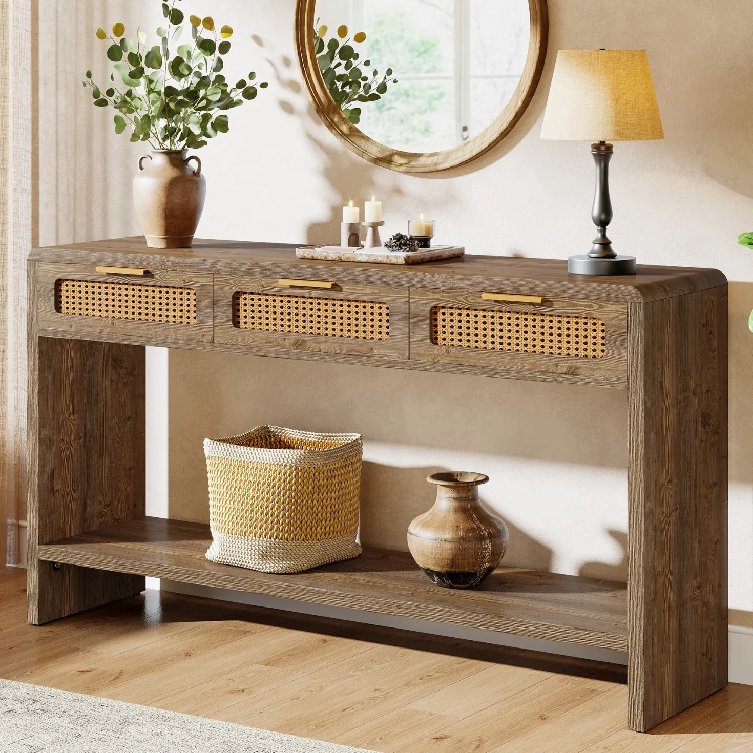 55" Entryway Table, Narrow 2-Tier Sofa Table with 3 Rattan Drawers